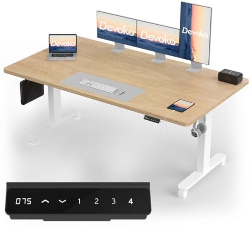 Devoko Höhenverstellbarer Schreibtisch mit 2 Motoren，25mm Einteilige Tischplatte, 180x80 cm Mobiler Elektrisch Computertisch mit Kabel Management, Eiche - Perfekte Ergonomie für Dein Büro