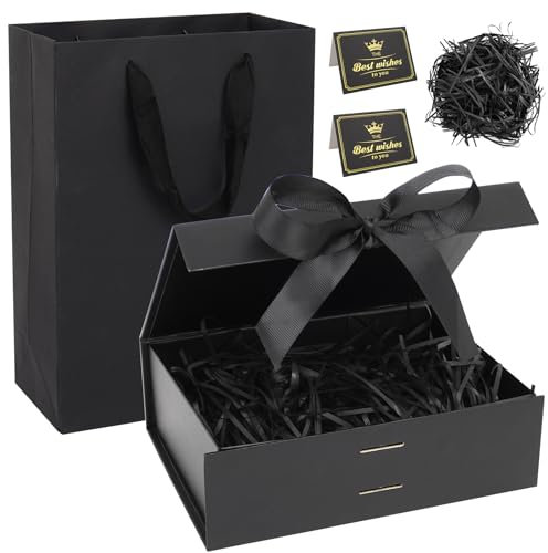 Geschenkbox mit Deckel, 23 x 17 x 7cm Geschenkbox Geburtstag, Geschenkboxen mit Schleife, Grußkarten und Bast, Geschenke Box für Geburtstage, Hochzeiten, Valentinstag, Weihnachten(Schwarz)