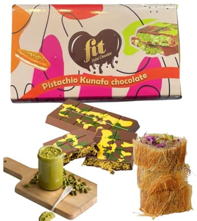 Chocolate Dubai Pistachio Kunafa - 200g | Chocolate Dubai con crema de pistacho y kadaif (cabello de ángel) | Delicia láctea y cacao intenso - Chocolate con leche premium (paquete de 2 unidades)