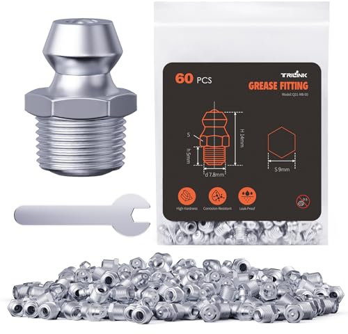 TRILINK Graisseur à Visser M8, Raccords de Graissage Métriques avec Angles Droit, Kit de Graisseur avec Clé pour les Véhicules Automobiles, l'Agriculture et les Machines Industrielles(60 pièces)