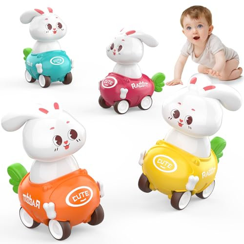 MOONTOY Auto Spielzeug 1 2 3 Jahr,4 Stück Hasen Spielzeugauto,Hasen Press-and-Go Spielfahrzeug Set für Kleinkinder,Lernspielzeug Geschenke Geschenk für Jungen Mädchen