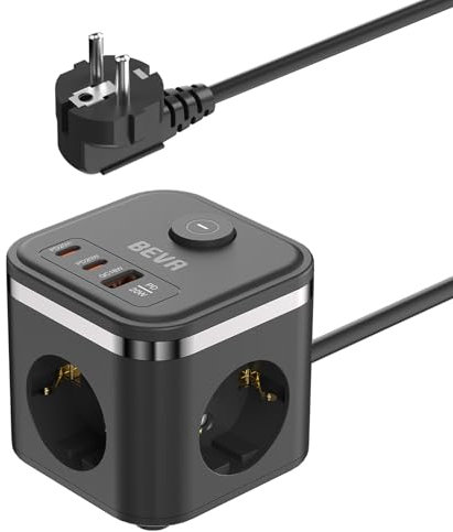 PD 20W Steckdosenwürfel mit USB C +1.5m Kabel, BEVA 2500W/10A Mehrfachstecker mit 2 USB C + 1 USB A (QC 18W), 3 Fach Steckdose Würfel mit Schalter, Mehrfachstecker für Zuhause Büro Reisen