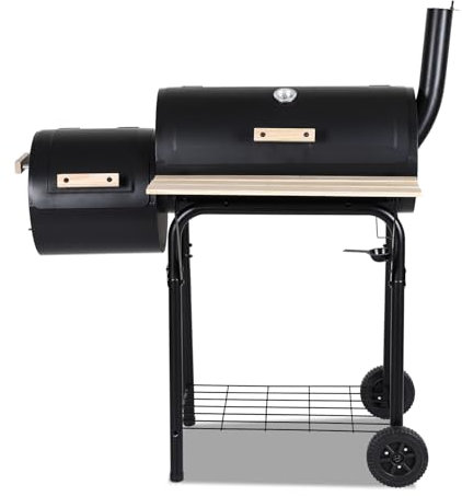 ISOISL Barbecue au charbon de bois multifonction avec thermomètre, fumoir et fonction barbecue, barbecue avec couvercle, roues, chariot de barbecue avec régulation de l'air