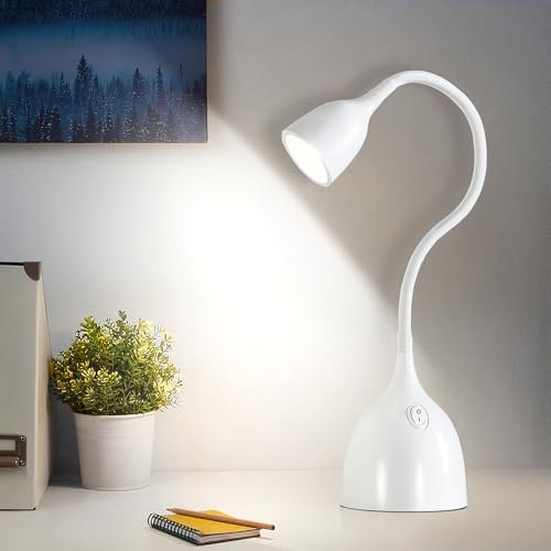 GyroVu Schreibtischlampe Weiß, LED Tischlampe, Klein Einstellbar Flexibler Gänsehals Leselampe, Non-flickering 5000K Schreibtischleuchte Augenschutz für Studentenwohnheim, Büro, Haus