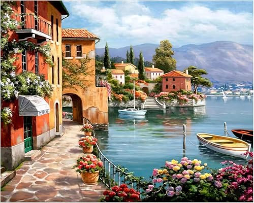 Malen nach Zahlen Erwachsene mit Rahmen, Paint by Numbers, XXL Komplettset mit Acrylfarben & Pinseln, Leinwand 40 X 50 cm, DIY für Erwachsene, Ölgemälde Landschaft, Gerollte Leinwand