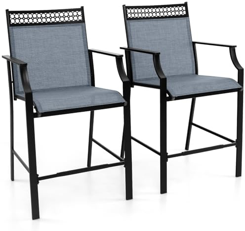 GOPLUS Gartenstuhl 2er Set, Barhocker Barstuhl mit hohe Rückenlehne, Armlehnen & Fußstütze, Balkonstuhl aus Metall bis 180kg belastbar, Terassenstuhl Outdoor für Garten Balkon Pool (Blau)