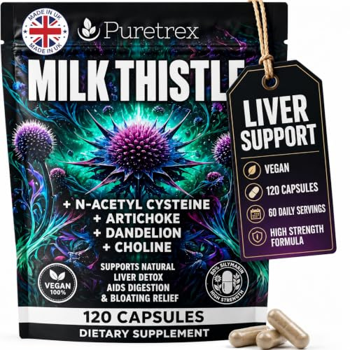 Puretrex Milk Thistle NAC Capsules – Liver Support Supplement 120, Vegan | Standardised 80 Percent Silymarin with NAC Choline Artichoke and Dandelion Made in UK Vegan Capsules