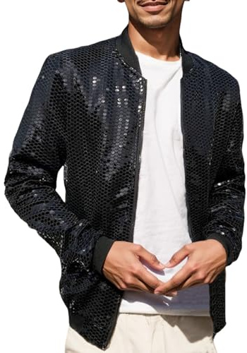 Celanisai Glitzer Jacket Herren Pailletten-Jacke Metallic Nachtclub Reißverschluss Bomberjacke 80er Jahre Outfit Herren Mode Casual Baseball Bomber Glänzende Jacke Disco Party Karneval Kostüm