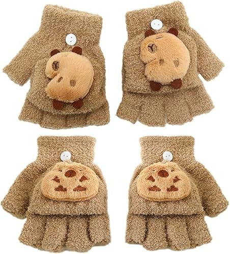 Capybara Fingerlose Handschuhe Kinder, 2 Paar Winterhandschuhe mit Klappe Halbfinger Fäustlinge Strickhandschuhe Klappdeckel Handschuhes Cartoon Kinderhandschuhe für Jungen Mädchen 3-8 Jahre Alt