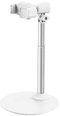 MyGiGi Retractable Cell Phone Stand for iPhone Samsung, Aluminum Alloy Desktop Mount, Height Angle Adjustable Holder, White Silver Recording Office Desk Clamp
