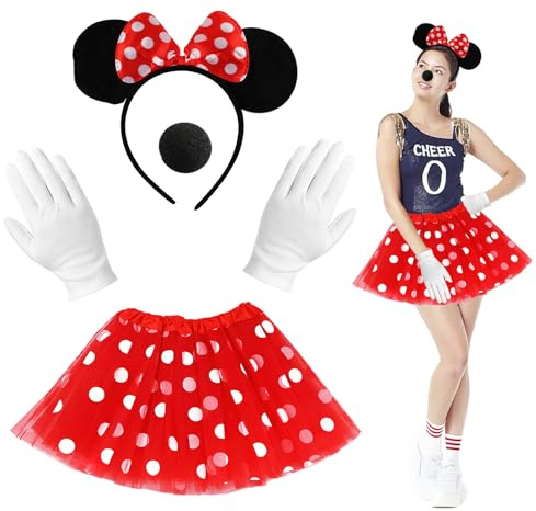 CIYIN Deguisement Mouse Adulte pour Femme, Rouge Jupe à Pois avec Oreille Bandeau et Nez Gants Blancs pour Fêtes Costumées, Carnaval, Jeux de Rôle