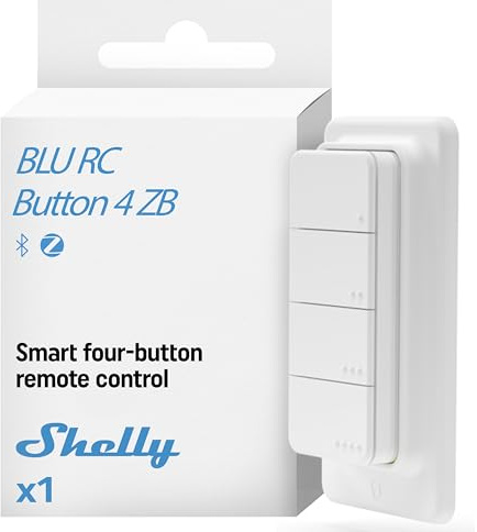 Shelly BLU RC Button 4 ZB - Bluetooth & Zigbee Smart Fernbedienung mit vier Tasten, Mehrfachklicks, Verschlüsselung, Gateway Erforderlich, Szenenaktivierung, Beacon-Modus, Home Assistant
