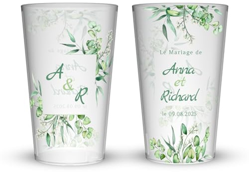 Wobz - Gobelet Personnalisé Mariage Chic & Champêtre - Impression Quadrichromie digitale - Fabriqué En France - Prénoms Et Date Personnalisables - 25 cl - Pack de 10, 25, 50, 100, 250 et 500