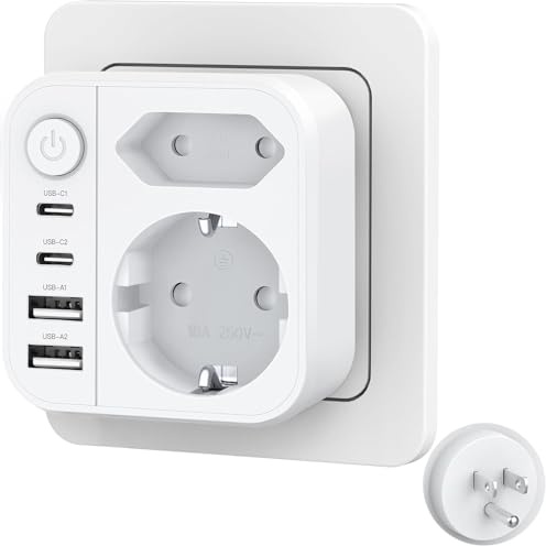 MejaRizon USA Adapter Steckdose (Typ-B), 6-In-1 Adapter USA Deutschland Stecker mit 2 USB-C 2 USB-A, Reiseadapter Thailand Geeignet für American, Mexiko, Kanada, Thailand, Costa Rica Steckdosen