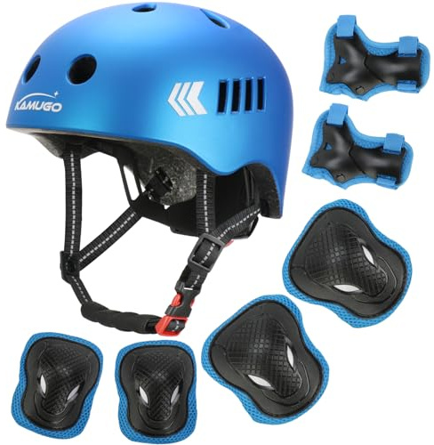 KAMUGO Kids Bike Helmet, Toddler Helmet for Ages 2-8 Boys Girls with Sports Protective Gear Set Knee Elbow Wrist Pads for Skateboard Cycling Scooter Rollerblading (Blue)