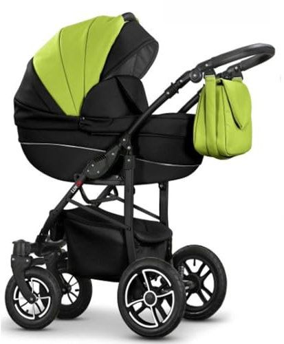 dein-babylädchen Kinderwagen-Sportwagen-Kombination 2 in 1 inkl. Sportsitz und Zubehör in Schwarz-Grün Kunstleder-Schwarz