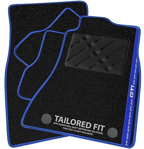 Car Mats FOR Volkswagen Golf MK7 2013-2020 Black Carpet - Blue Leather - Blue GTI Stripe on Driver - Black Rectangle Heel Pad [SAPP-1478]