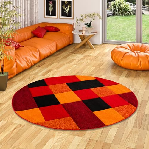 Pergamon Designer Teppich Brilliant Rot Orange Karo Rund in 3 Größen