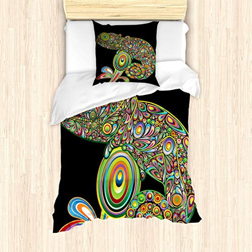 ABAKUHAUS Pop-Art Bettbezug Set für Einzelbetten, Chameleon Embelished, Milbensicher Allergiker geeignet mit Kissenbezug, Schwarz Grün