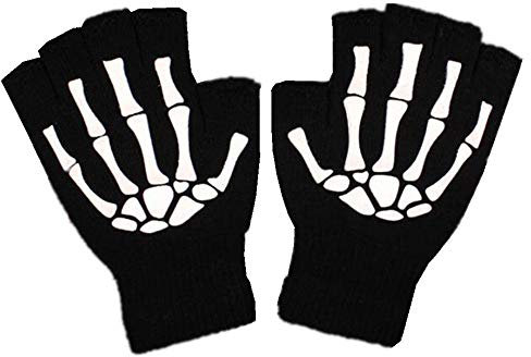Black Sugar Paar Handschuhe ohne Finger, Wolle, dehnbar, halber Finger, Totenkopf, Gothic, Punk, Rock, Goth, Schwarz, warm, Manschette, Skelett, für Kinder und Erwachsene, Schwarz , S-XL