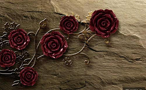 Papier Peint Panoramique Relief Fleur Rose Bordeaux Grès Papier Peint Intissé 3D Tapisserie Poster Murale Décoration Chambre Salon -LIWALLPAPER- 400cmx280cm