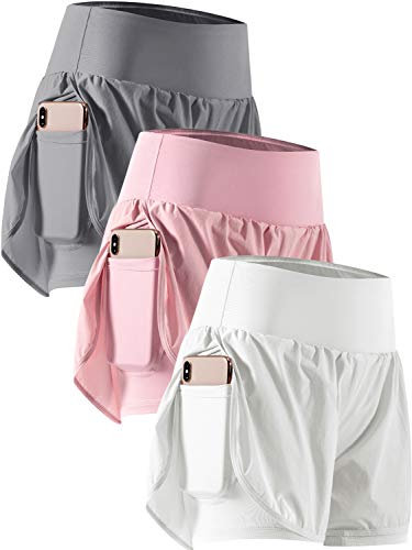 CADMUS 2-in-1 Damen-Trainingsshorts für athletisches Fitnessstudio, Laufshorts mit Handytaschen, 3er-Pack: 06# Grau & Rosa & Weiß, Mittel