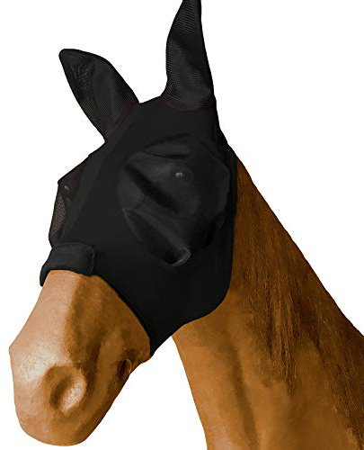 Leberna Fliegenmaske für Pferde, Netzstoff, mit Ohren, weiches Lycra-Mesh-Maske, Anti-UV, mit Ohren, Cob, Schwarz