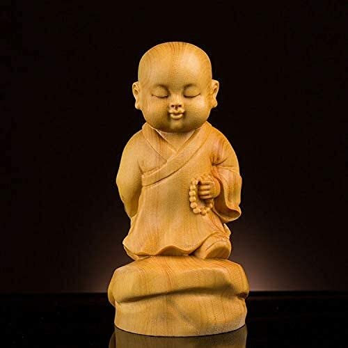 HTian Monk Buddha Figures Decorative Sculpture Wood Praying Buddha Statue, Small Buddha Meditations, Hand Carved Buddha Decorative Figurines for Table Decoration, Home Accessories