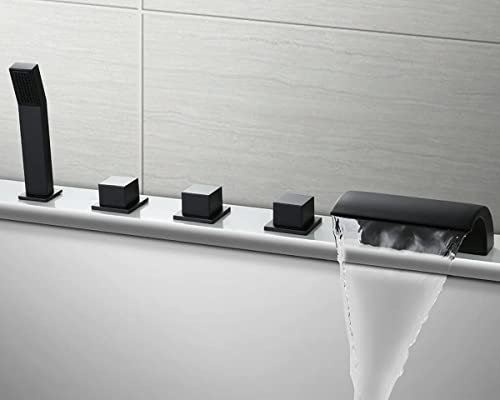 Luxus Messing Wannenrand Armaturen Wannenrandarmatur für Badewanne Whirlpool Badarmatur günstig Armatur für Bad inkl. Mischbatterie, Wasserfall und Handbrause (schwarz matt)