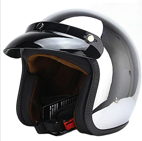Retro Motorrad Halbhelm Deutscher Stil 3/4 Motorrad Vintage Silber Chrom Jethelm mit Bubble Mirror,ECE-Zulassung für Männer Frauen Moped Roller Chopper Cruiser Helm