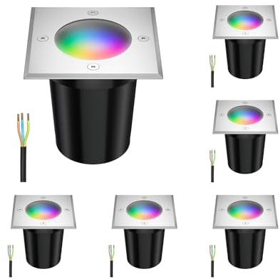 ledscom.de 6 Stück Bodeneinbauleuchte RELI für außen, IP67, edelstahl, gefrostet, eckig, 11 x 11cm inkl. LED RGB Lampe, smart 473lm