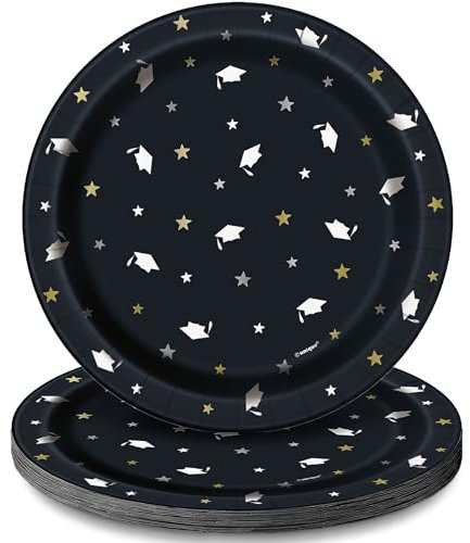 Unique 24874 Paper Plates-18 cm-Stars & Caps Graduation Party-Pack of 8, Multicolour
