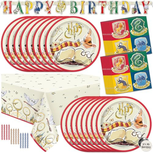 Kit de decoraciones de cumpleaños de Harry Potter, suministros para fiesta de cumpleaños de Harry Potter, con cubierta de mesa de Harry Potter, bandera, platos de cena, servilletas, velas, botón,