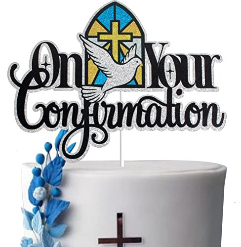 On Your Confirmation Cake Topper - Black Glitter Holy Confirmation Cake Decorations Engagement Wedding Bachelorette Party Bridal Shower Marriage Anniversary Party Supplies