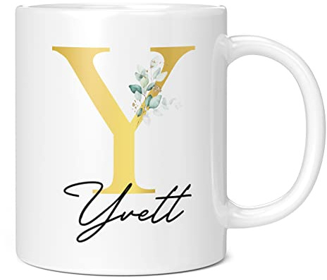 Personalised Letter Y Floral Mug Initial with Name, Customised Gift, Gold Effect Printed Letter, NOT Metallic - Ceramic Coffee Cup for Men or Women, Extra Large and Giant Mug, 20oz White Cup