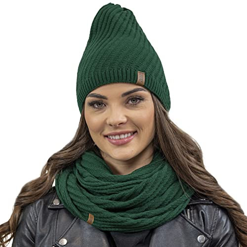 VIVISENCE Trendiger Damen Winter Set Aus Mütze Und Loop-Schal Mit Wärmendem Garn Und Antistatischen Eigenschaften Perfekte Passform Für Kalte Wintertage Bequem Und Stilvoll, Grün,Einheitsgröße