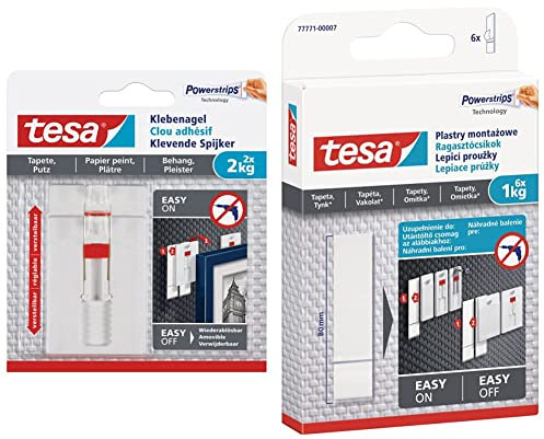 Tesa Clou Adhésif Ajustable pour Papier Peint & Plâtre 2kg - Hauteur Ajustable - Paquet de 2 Clous Adhésifs et 6 Languettes Adhésives & Powerstrips Languettes Adhésives pour Papier Peint et Plâtre