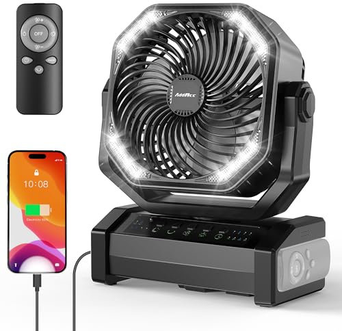 AddAcc 20000mAh Rechargeable Floor Fan, Battery Operated Camping Fan with Light & Remote, 4 Speeds Run Upto 60Hrs, 90° Auto Oscillating Tent Fan for Outdoor Trip RV Power Outage Shop Garage