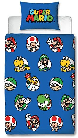 Nintendo Super Mario - Juego de Funda de edredón Oficial para Cama Individual, diseño Continuo, Funda de Cama Reversible Azul de 2 Caras, Producto Oficial, Incluye Funda de Almohada a Juego