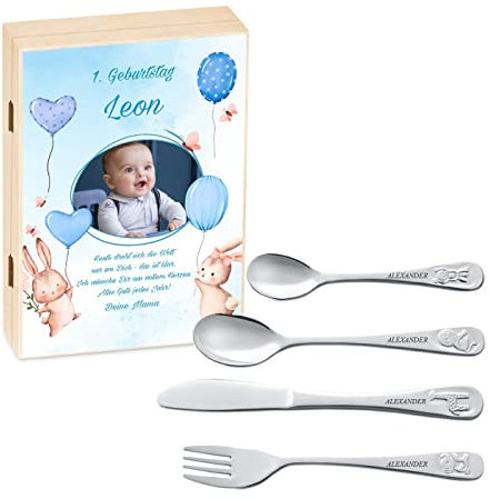Maverton Kinderbesteck Set mit Gravur + Holzbox mit Aufdruck - aus Edelstahl - mit Tieraufdruck - 4-teilig - personalisierbar - Braun - Geschenk Geburtstag, Taufe, Geburt - Foto 4