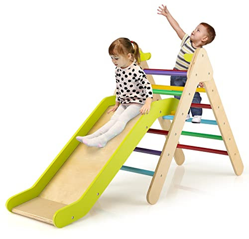 RELAX4LIFE Triangolo da Arrampicata con Scivolo per Bambini, Scala per Arrampicarsi in Legno, Triangolo Stabile, Parco Divertimenti per Bimbi 1+ Anni (Modello 2 Colorato)
