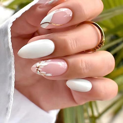 JUSTOTRY 24 Pcs White Flower Stiletto False Nails Medium,Milky French Press on Nails Pattern,Trendy Swirl Fake Nails Short,Almond Stick on Nail for Women,Nails Fake Nail for Nail Art