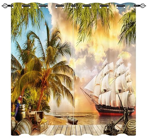 YUANZU Pirate Schiff Vorhänge Tropische Palmen Papagei Ösen Gardinen mit Blickdichte Vorhang Kälteschutz Blackout Curtain Wohnzimmer Schlafzimmer Verdunkelung Fenster, 2 Stück, H 245 x B 140 cm