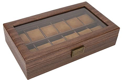 Mrisata Uhrenbox, Uhrengehäuse, Uhrenvitrine, Uhrenwerkzeuge, Zubehör, Uhrenbox, 12 Fächer, Holzmaserung, Luxuriöser Display-Aufbewahrungskoffer, Innenausstattung aus Ultra-PU-Leder