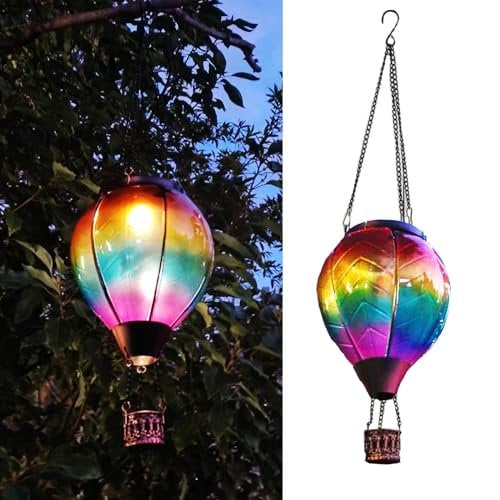 Hanging Solar Hot Air Balloon Decorations, Waterproof Flickering Solar Lantern Outdoor Garden Decor for Lawn Porch Tree Yard, Stained Glass Gradient (Colored)