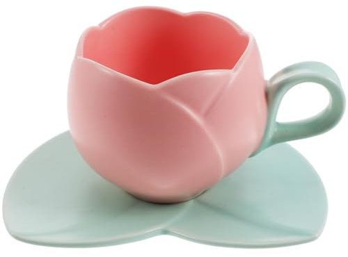 Tazze caffè Tulip Cup in ceramica con sottobicchiere,Tazze caffè in ceramica,Tazza caffè a forma di tulipano,Tazza tulipano creativa Design irregolare unico ufficio e casa con set di piattini ( Color