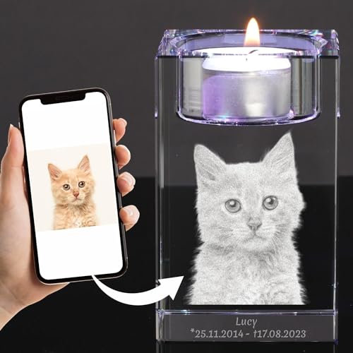 Personalisiertes 3D Glasfoto Katze Teelicht mit individueller Gravur Einzigartiges Andenken für Frauen, Männer, Mama, Papa und Partner