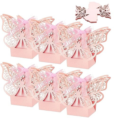 Schmetterlings-Geschenkschachteln mit Schleifen, 60 Stück Dragee-Box mit Schmetterlingsmotiv für Dekoration zur Taufe, für Mädchen, für Kommunion, mit Band, für Gastgeschenke, Geburtstag (Rosa)