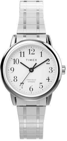 Timex Easy Reader Damen-Armbanduhr, 25 mm, silberfarbenes Edelstahl-Stretcharmband, weißes Zifferblatt, silberfarbenes Gehäuse TW2W52300