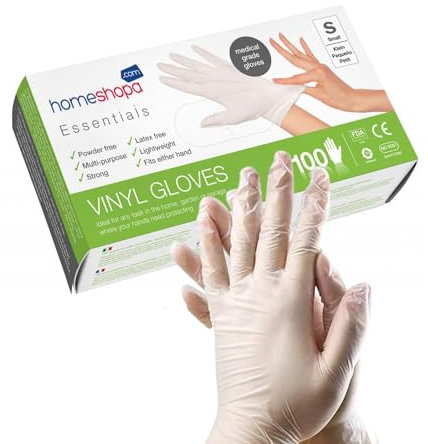 HOMESHOPA Disposable Vinyl Gloves, Clear 100Pcs Small Powder Free, Latex Free, Madical Grade Extra Strong And Non-Sterile, Protective Multi-Purpose Gloves for Household, Food Handling, Lab Work